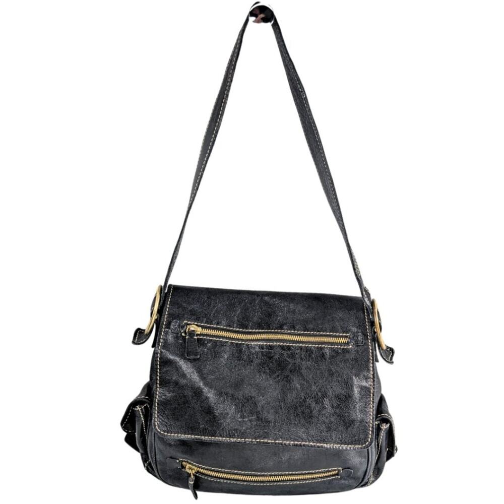 Frances Cobiasia Black Leather Y2K Vintage Flap Messenger Shoulder Bag
